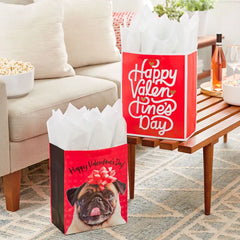 13" Pug and Happy Valentine's Day 2-Pack Large Gift Bags With Tissue Paper