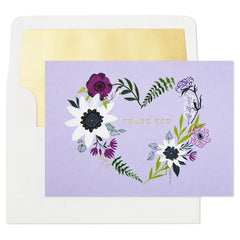 Floral Heart Wreath on Lavender Blank Thank You Notes, Pack of 10