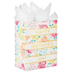 13" Floral Stripe Large Mother's Day Gift Bag With Tissue