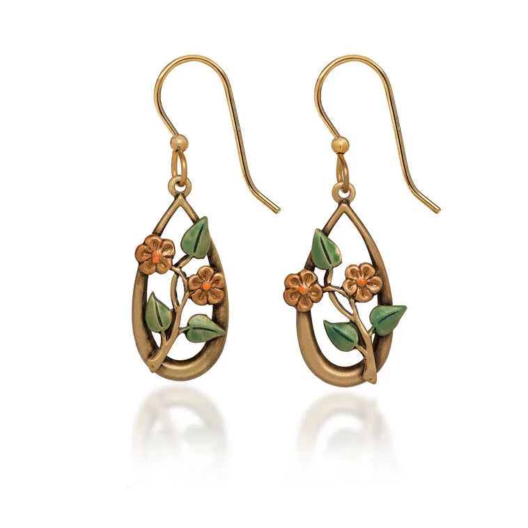 Silver Forest Flowers and Leaves on Gold Metal Teardrop Earrings