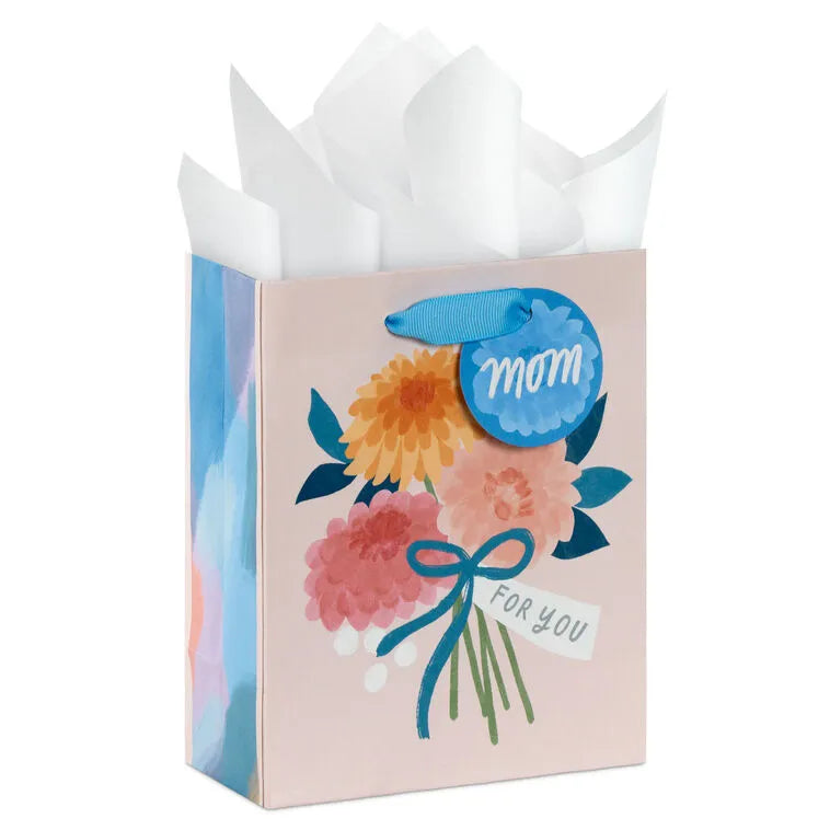 6.5" Mum Bouquet on Pink Small Mother's Day Gift Bag With Tissue Paper