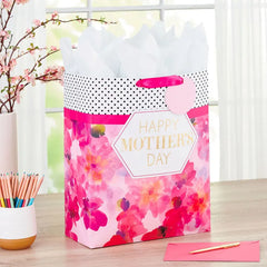 15.5" Fuchsia Floral XL Mother's Day Gift Bag With Tissue