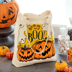 13" Ghost and Pumpkins Canvas Halloween Tote Bag