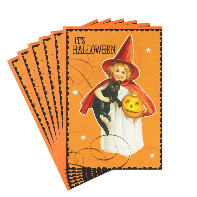 Girl Witch Vintage Art Halloween Cards, Pack of 6