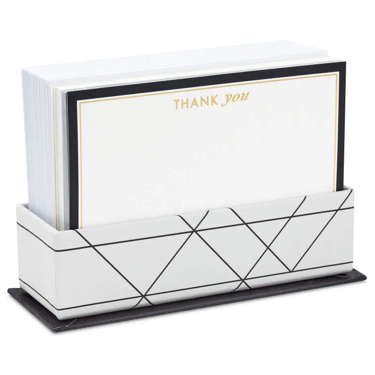 Black and Gold Blank Flat Note Cards in Caddy, Pack of 40