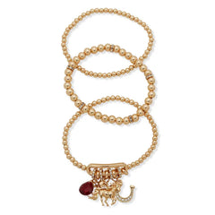 Kentucky Roses Gold Metal Beaded Bracelets With Charms, Set of 3