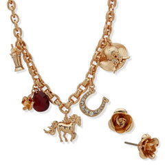 Kentucky Roses Gold Metal Charm Necklace and Rose Earrings Set