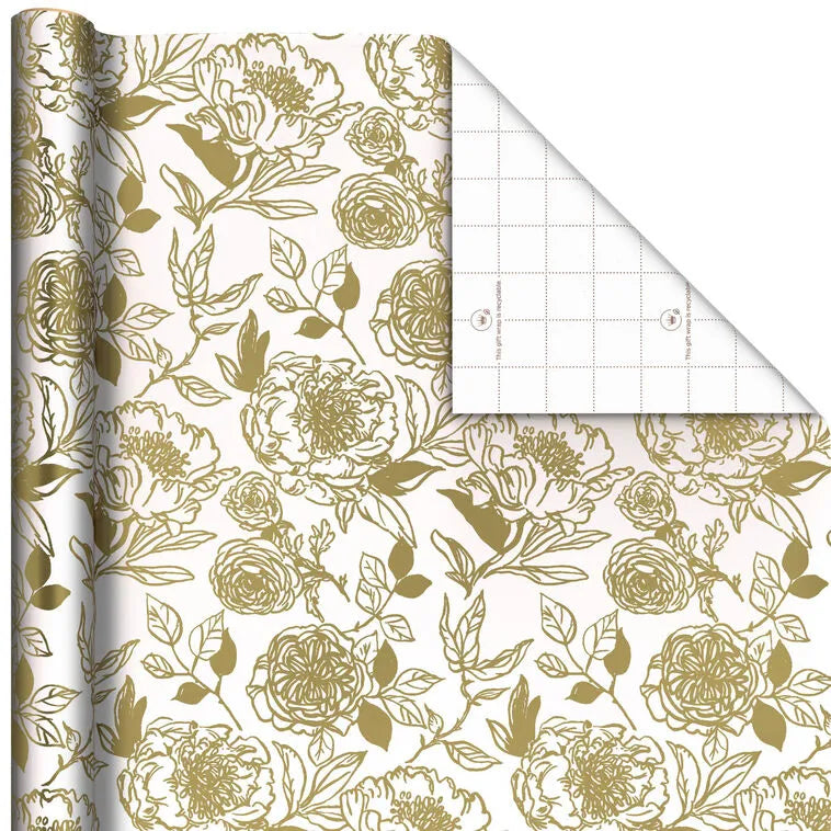 Gold Illustrated Roses on White Tall Wrapping Paper Roll, 35 sq. ft.