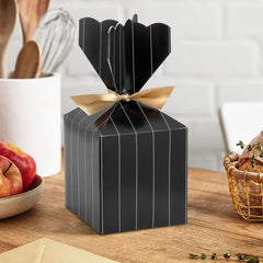 Gold Pinstripe on Black Vertical Treat Box With Ribbon Tie