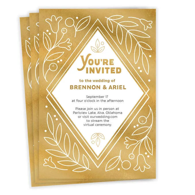 Whimsical Golden Foliage Flat Wedding Invitation
