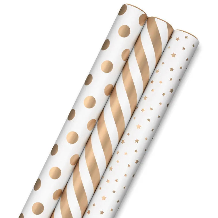 Gold and White 3-Pack Wrapping Paper, 105 sq. ft. total
