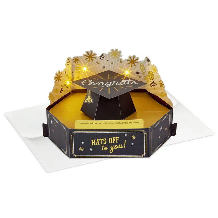 Hats Off to You Musical 3D Pop-Up Money Holder Graduation Card With Light