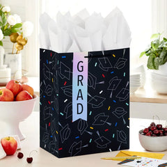 13" Grad Hats on Black Large Gift Bag With Graduation Card and Tissue Paper