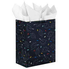 13" Grad Hats on Black Large Gift Bag With Graduation Card and Tissue Paper