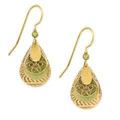 Silver Forest Green and Gold Metal Layered Teardrop Earrings