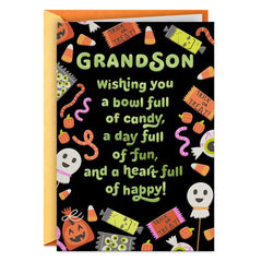 Candy, Fun and Heart Full of Happy Halloween Card for Grandson