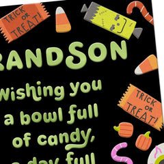 Candy, Fun and Heart Full of Happy Halloween Card for Grandson