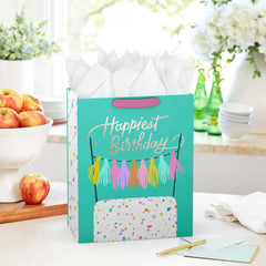 13" Birthday Cake on Aqua Large Gift Bag