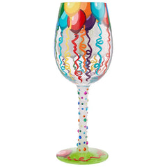Lolita Happy Birthday Balloons and Streamers Handpainted Wine Glass, 15 oz.