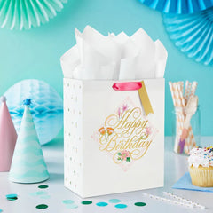 9.6" Gold Script on Floral Medium Birthday Gift Bag