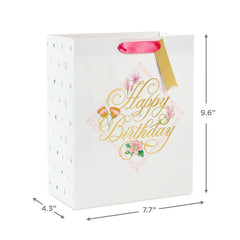 9.6" Gold Script on Floral Medium Birthday Gift Bag
