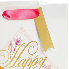 9.6" Gold Script on Floral Medium Birthday Gift Bag