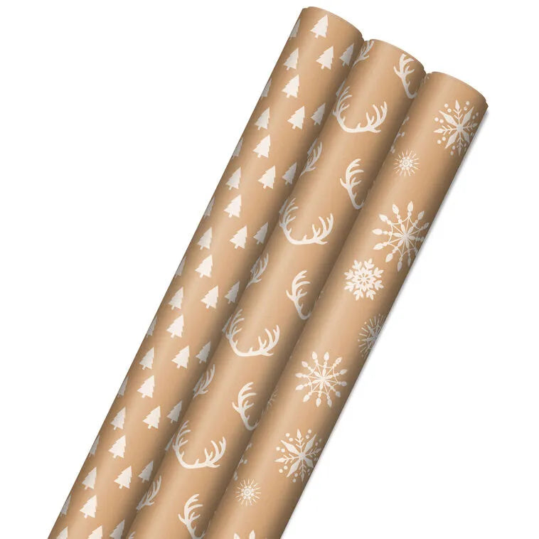 Winter Holiday Prints 3-Pack Kraft Wrapping Paper Assortment, 90 sq. ft.