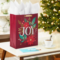 15.5" Joy and Poinsettia Extra-Large Holiday Gift Bag With Tissue Paper