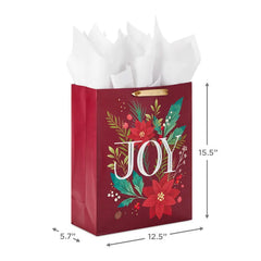 15.5" Joy and Poinsettia Extra-Large Holiday Gift Bag With Tissue Paper