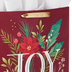 15.5" Joy and Poinsettia Extra-Large Holiday Gift Bag With Tissue Paper