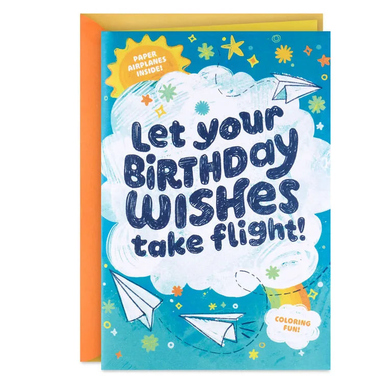 Sky's the Limit Birthday Card for Kids With Coloring Sheets and Paper Airplane Activity