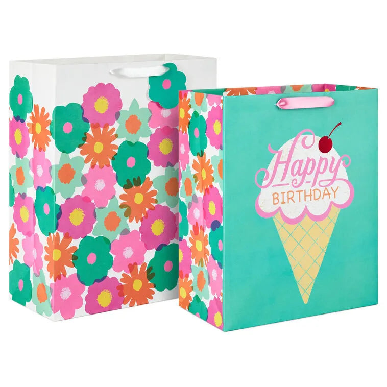 Flowers and Ice Cream 2-Pack Birthday Gift Bag Bundle
