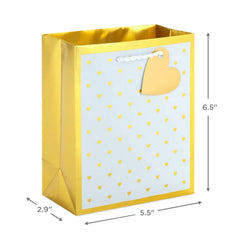 6.5" Mini Gold Hearts on White Metallic Small Gift Bag