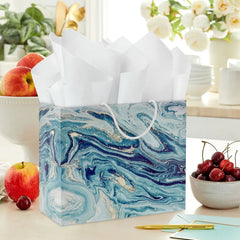 7.7" Blue, Green and Gold Marbled Medium Horizontal Gift Bag