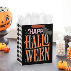 13" Orange Letters with Bats on Black Large Halloween Gift Bag With Gift Tag