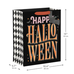 13" Orange Letters with Bats on Black Large Halloween Gift Bag With Gift Tag