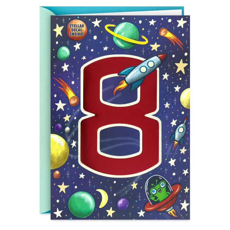 You're a Stellar Kid 8th Birthday Card With Alien Decal