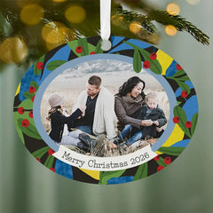 Holiday Holly Horizontal Oval Metal Personalized Ornament, Custom Photo and Text