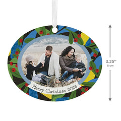 Holiday Holly Horizontal Oval Metal Personalized Ornament, Custom Photo and Text