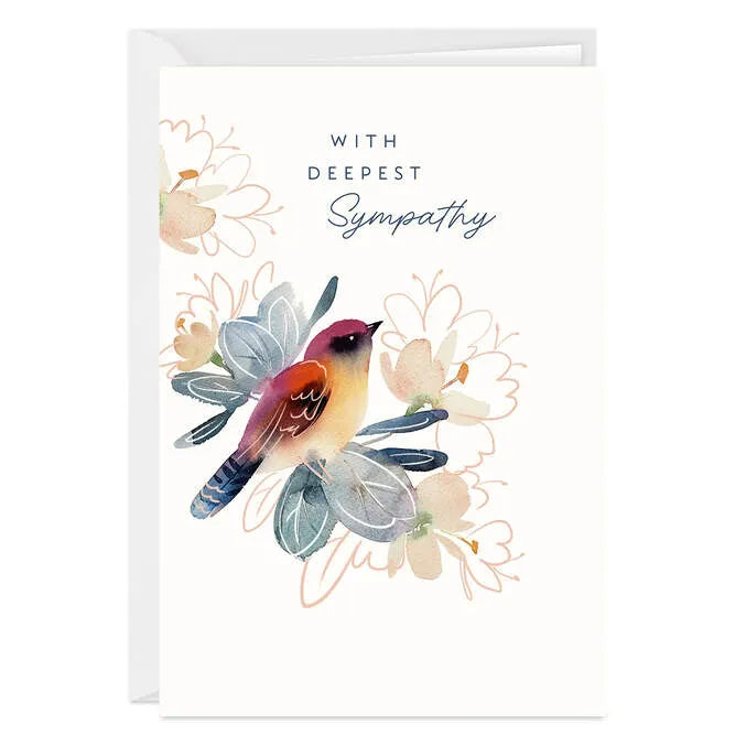 Watercolor Bird and Flowers Custom Sympathy Card