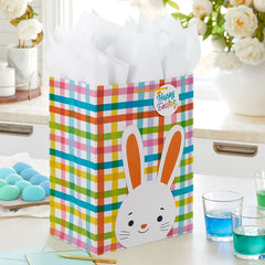 17" Bunny on Plaid Extra-Large Easter Gift Bag With Tissue Paper