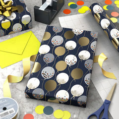 Patterned Balloons on Blue Wrapping Paper, 17.5 sq. ft.