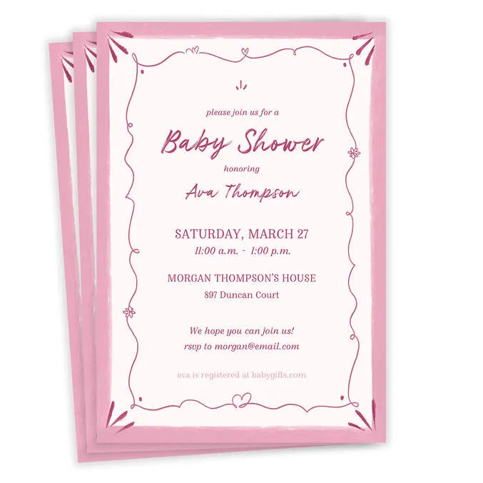 Elegant Pink Doodle Flat Baby Shower Invitation