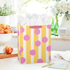 13" Pink Dots on Yellow Stripes Large Gift Bag