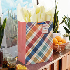 17" Brown and Blue Plaid Extra-Deep Gift Bag With Tissue Paper