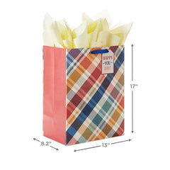 17" Brown and Blue Plaid Extra-Deep Gift Bag With Tissue Paper