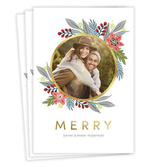 Poinsettia Wreath Flat Christmas Photo Card
