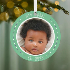 New Baby Round Metal Personalized Ornament, Custom Photo and Text