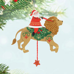 Pull-String Lion With Santa Wood Ornament