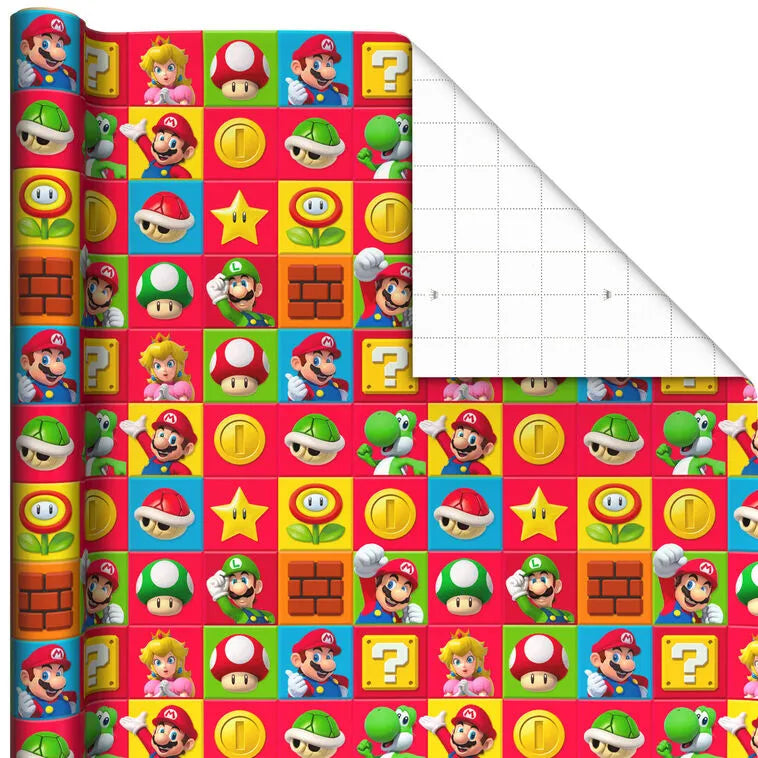 Super Mario™ on Colorful Squares Wrapping Paper, 17.5 sq. ft.